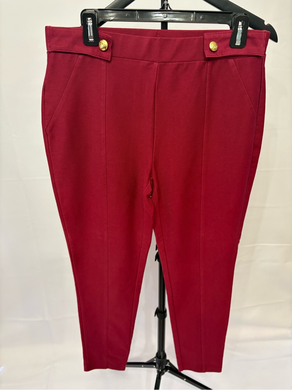 Michael Kors Raspberry Ponte Ankle Pants with Gold Buttons